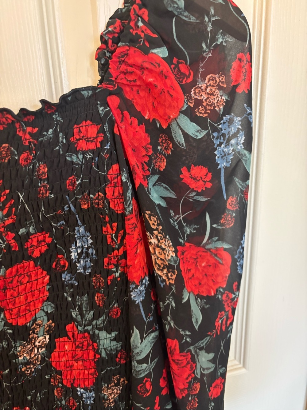 JAUS Black Red Floral Smocked Midi Dress Puff Sleeve Bodycon cocktail semi forma - Picture 10 of 10